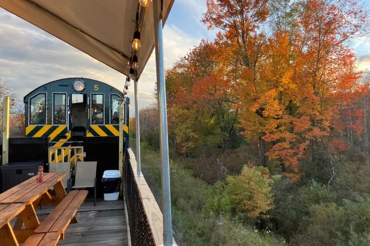 a bus that is sitting on a train track with trees in the background