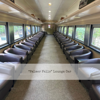 Empty train lounge car with rows of armchairs and large windows.