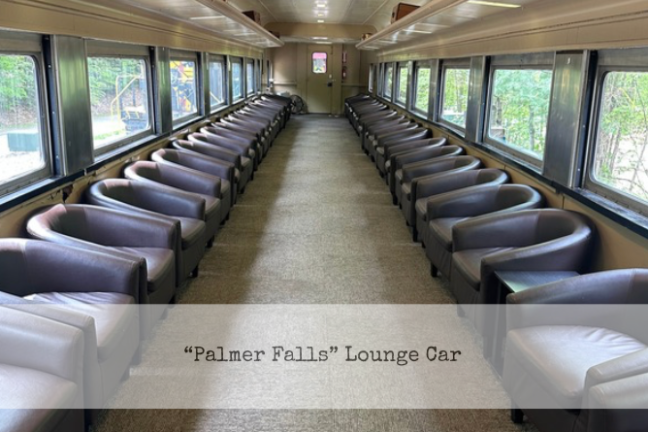 Empty train lounge car with rows of armchairs and large windows.
