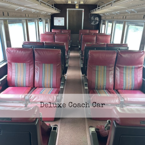 Interior of train car with red seats and striped patterns labeled 'Deluxe Coach Car'.