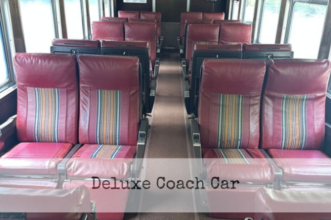 Interior of train car with red seats and striped patterns labeled 'Deluxe Coach Car'.