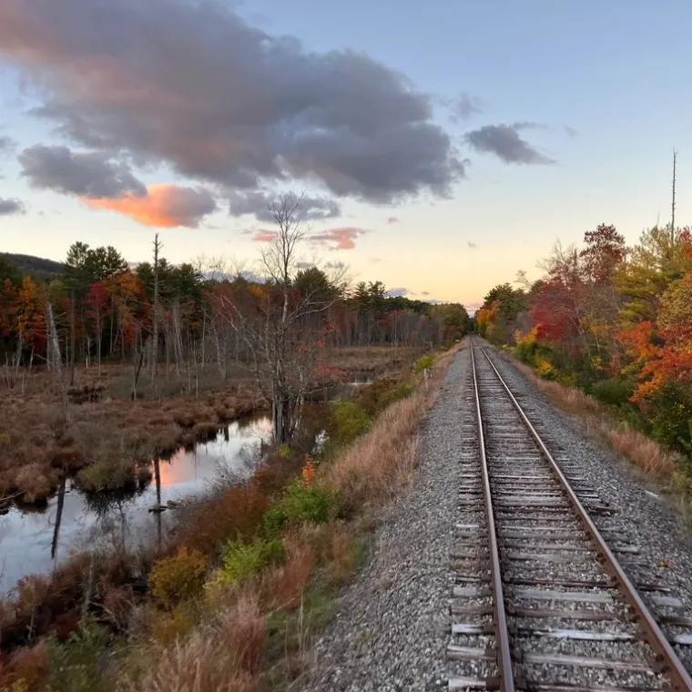 a train traveling down train tracks next to a river