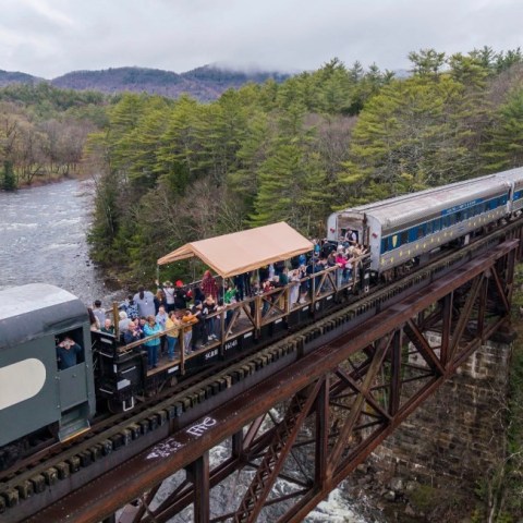 Train with open passenger car crosses a forested bridge over a river.