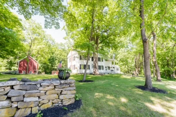 a stone bench sitting next to a tree