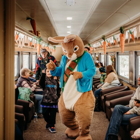 Person in bunny costume interacts with passengers on a decorated train.
