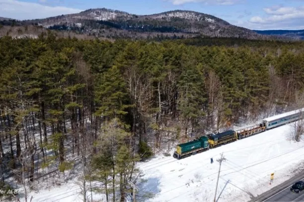 Train traveling through snowy pine forest with mountains in background.