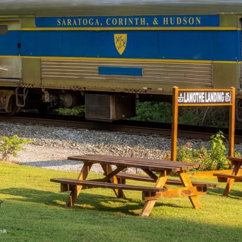 Train passes wooden tables near Lamothe Landing sign on grassy area.