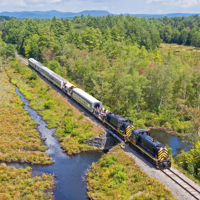 Aerial view of a train traveling through a green forested area with a river and blue sky.