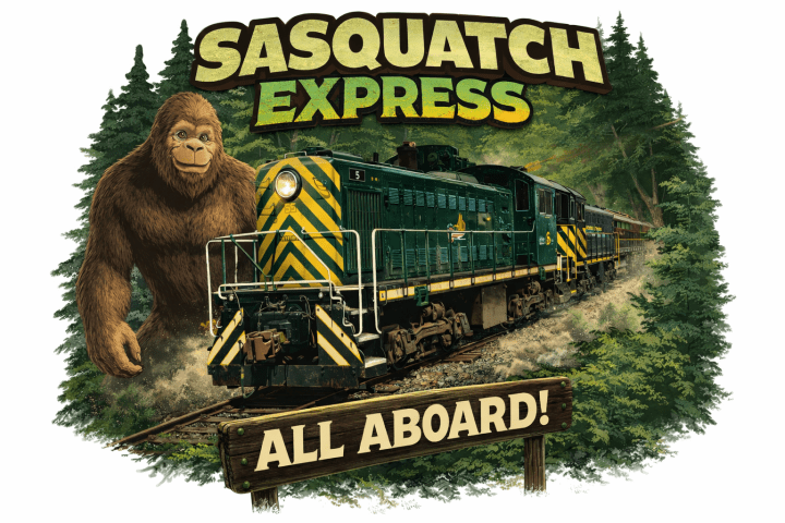 Sasquatch beside a green train in a forest with text 'Sasquatch Express' and 'All Aboard!'