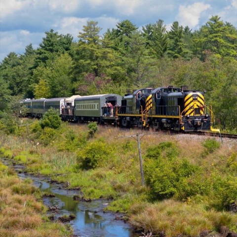 Train traveling through lush green landscape beside a stream, under a partly cloudy sky.